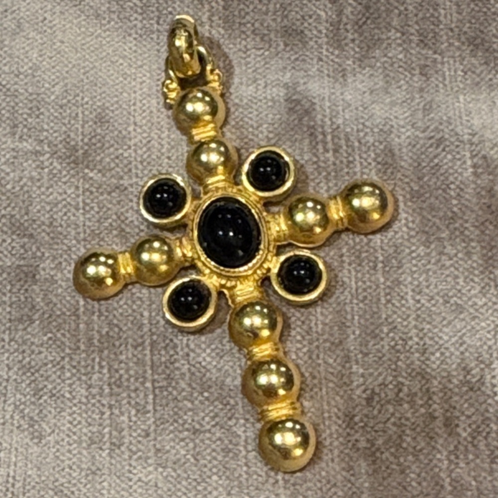 Vintage Catherine Stein 24 kt Gold Plated Black Cabochon Cross Pendant 2 1/2”